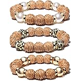 Rattan Bracelets for Women Handmade Woven Rattan Ball Beaded Stretch Bracelets Stackable Boho Bangle Bracelets Summer Beach Jewelry