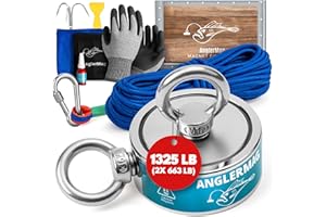 EMPIRE OF ELECTRONICS AnglerMag Magnet Fishing Kit, 1325 lbs Double Sided Magnetic Fishing Kit with Rope, Carabiner, Gloves, Grappling Hook & Carrying Bag, 10 Piece Complete Set (Blue, 1325 LB)