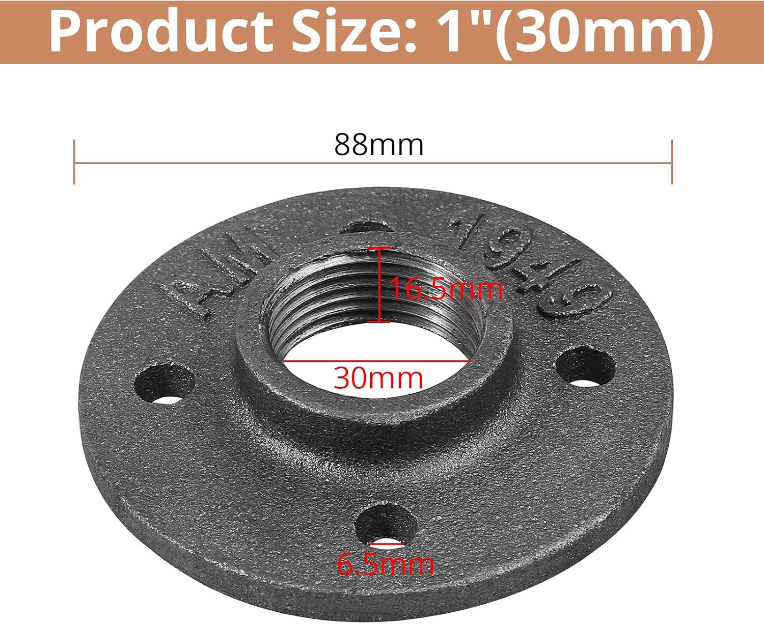 1" Reinforced Malleable Threaded Floor Flange Iron Pipe Fittings, Black, 1"BSP - Image 3