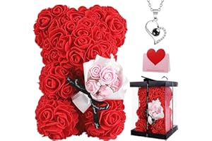 TranquilBliss Valentine’s Day Rose Bear, Rose Teddy with Gift Box, Greeting Card, I Love You Necklace in 100 Language - Cute & Romantic Valentine’s Day Gifts for Her, Women, Girlfriend, Wife (Red)