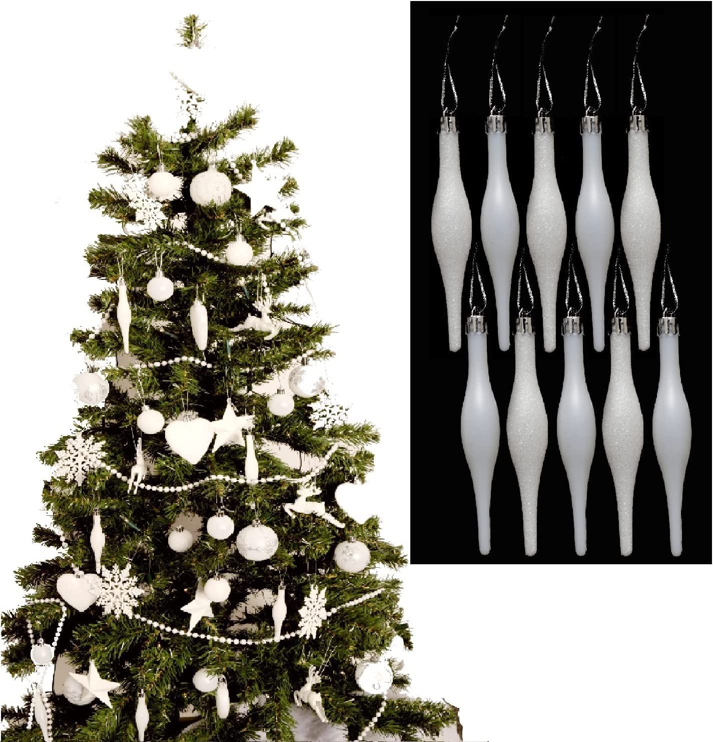 UKDD® White Collection Christmas Droplet Baubles Tree Decorations, Glitter, Matt Icicles, Reindeer Baubles (Pack of 10 Droplets 120mm)