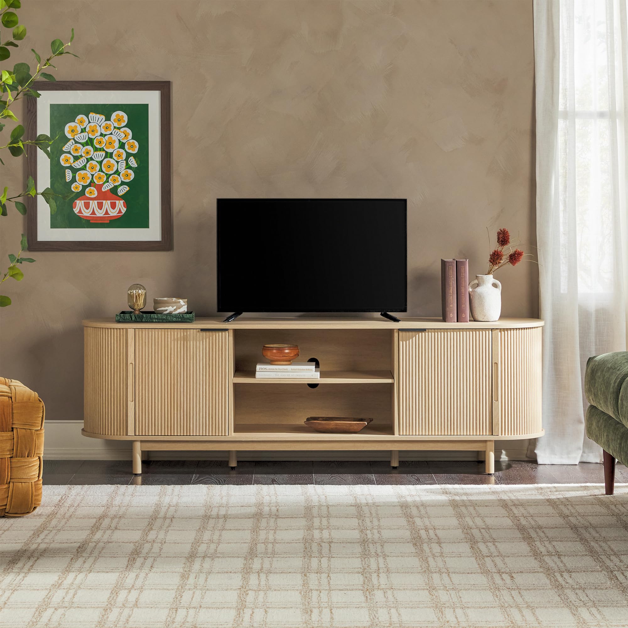 Photo 1 of Walker Edison Modern Curved Reeded TV Stand for TVs up to 70 Inches, Credenza with Sliding Doors and Adjustable Shelves, TV Stand with Cord Management Cutout, 70 Inch, Coastal Oak