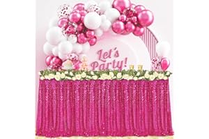 FANPROMS Hot Pink Sequin Table Skirt 6FT Glitter Table Skirts Modern Shiny Sequins Table Skirting for Banquet Party Sparkly Table Skirt Cover Fuchsia Table Skirt for Rectangle Round Tables Supplies
