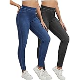 NebuKinex 2 Pack High Waisted Jegging for Women Stretchy Tummy Control Skinny Jeans Pull on Leggings with Pockets Trendy