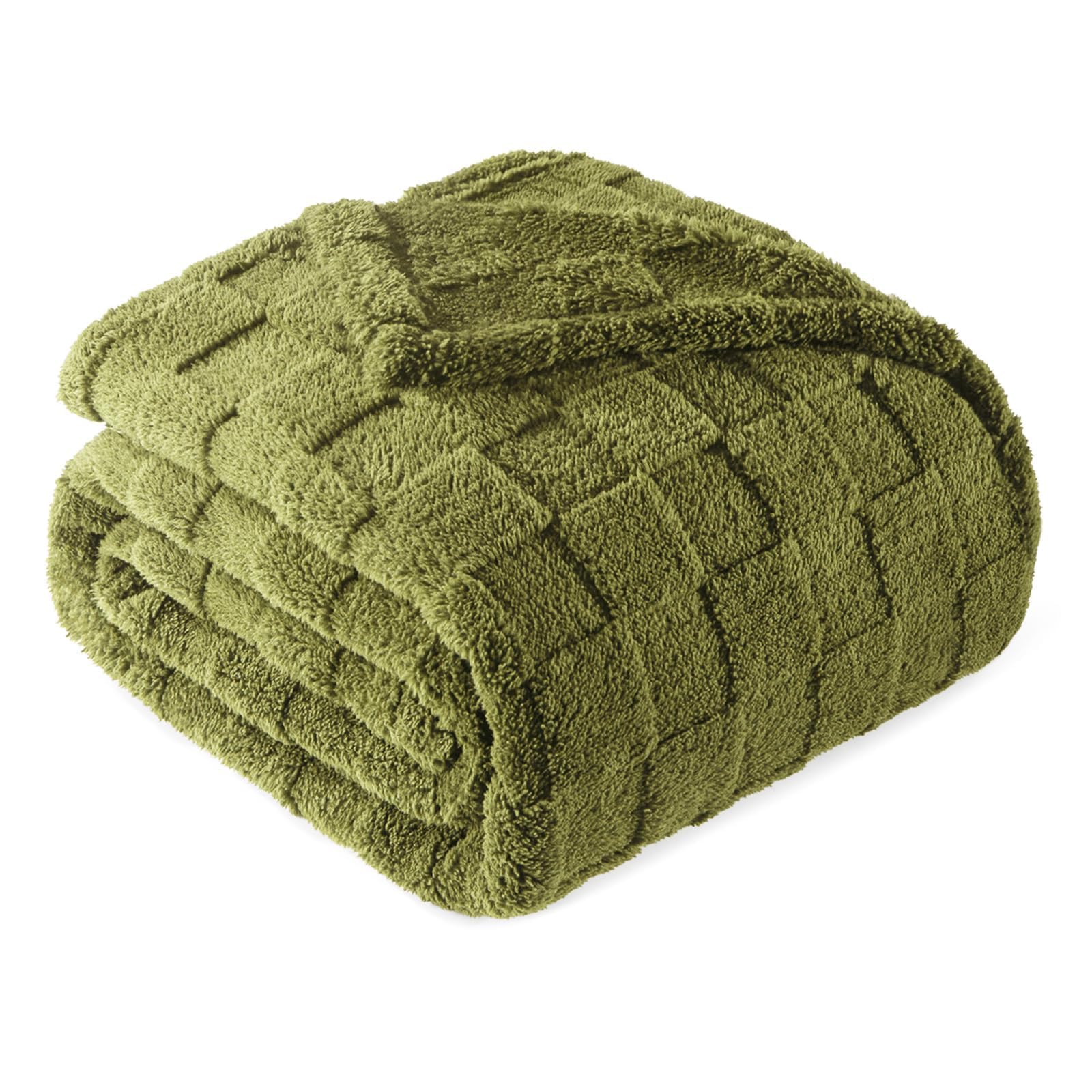 Exclusivo Mezcla King Size Flannel Fleece Blanket, Super Soft and Warm Lightweight Checkered Pattern Blankets for All Seasons, 230x265 CM, Olive Green