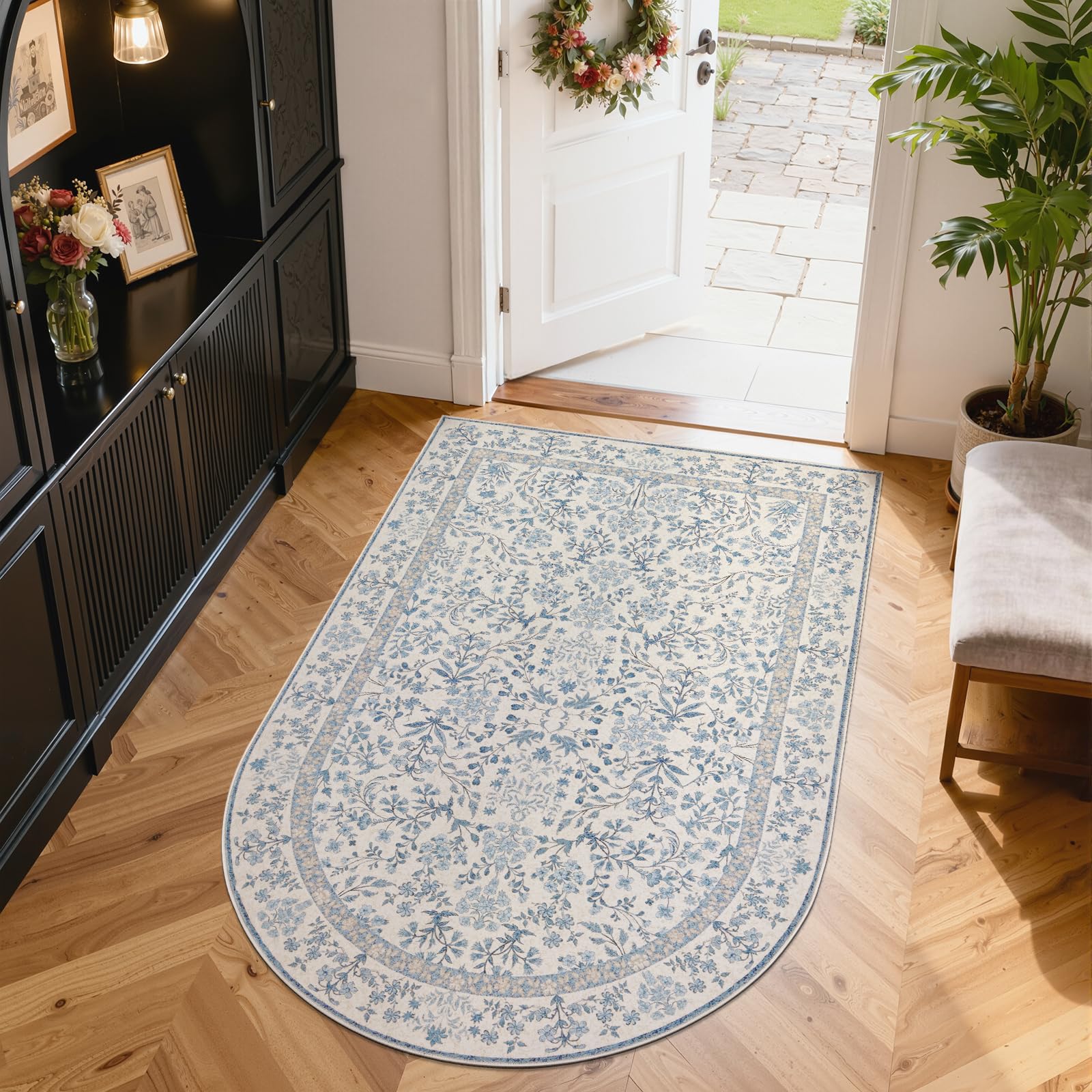 Photo 1 of **USED** jinchan Zenith Blue Floral Area Rug for Entryway 4x6 Vintage Washable Rug Botanical Chair Mat Non Slip Doormat Low-Profile Under Desk Throw Carpet for Home Office Study Room Kitchen Bathroom RECTANGLE SHAPE