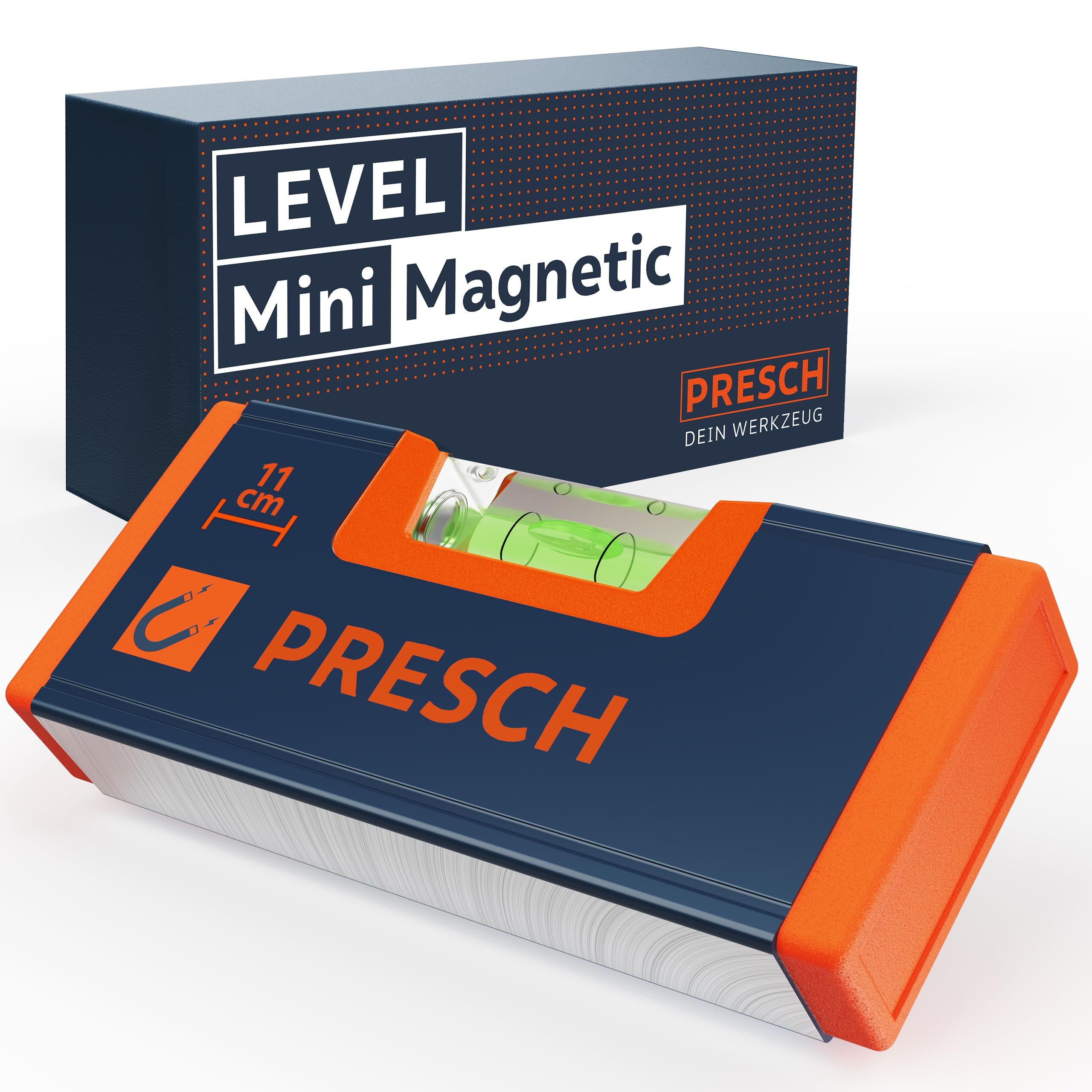 Presch Mini Level 11cm - Reinforced Magnet for Maximum Adherence - Compact Design - Innovative Impact Protection & Shatterproof Acrylic Glass - Exact Alignment with Unbeatable Accuracy