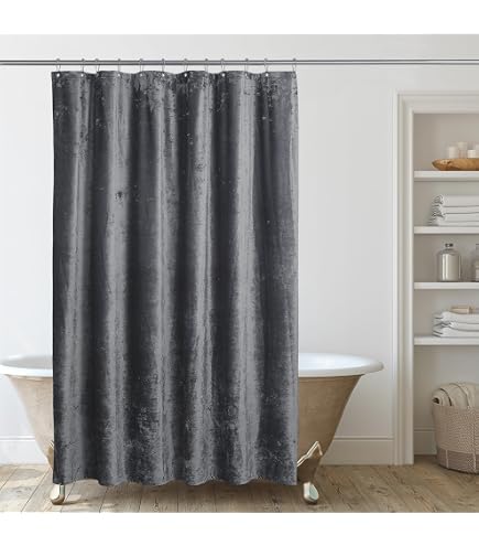 Fredsure Distressed Velvet Shower Curtain Set – 72x72 Inches With 12 Silver Hooks (Black) - View #6