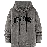 Verdusa Men's Fuzzy Hoodie Sweatshirts Embroidered Letters Furry Fleece Long Sleeve Pullover Tops Winter Clothes
