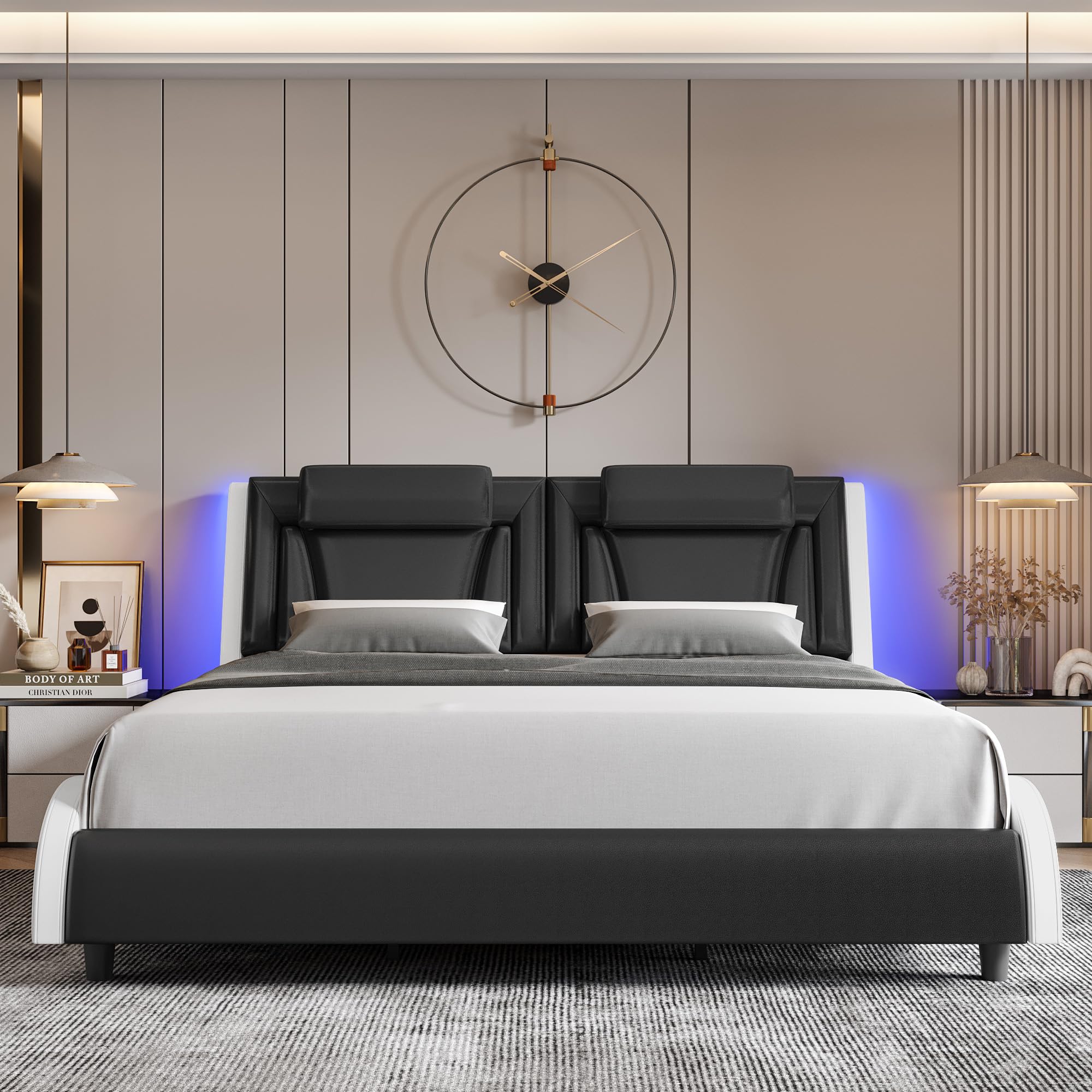 Keyluv Upholstered Bed Frame with Adjustable LED Headboard, Pu Leather Platform Bed with Wave-Like Curve Design and Solid Wooden Slats Support, No Box Spring Needed, Noise Free, Queen, Blackwhite Image Keyluv Upholstered Bed Frame with Adjustable LED Headboard, Pu Leather Platform Bed with Wave-Like Curve Design and Solid Wooden Slats Support, No Box Spring Needed, Noise Free, Queen, Blackwhite Image