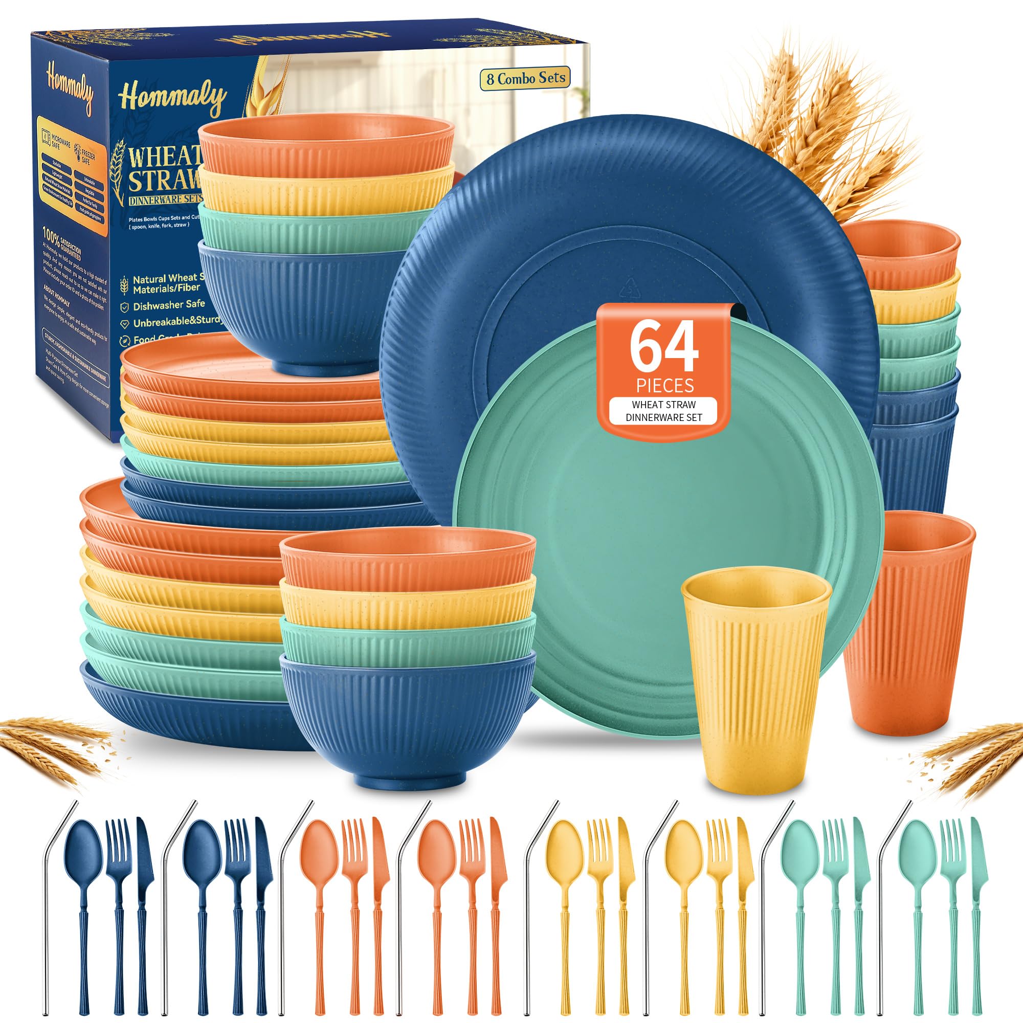 Photo 1 of Wheat Straw Dinnerware Sets,64-Piece Plates and Bowls Sets for 8-Unbreakable,Reusable Plastic Dish Set-Dinner Plate/Dessert Plate/Cereal Bowl/Cup/Utensils-Dishwasher Safe 64P-JadePeak Lake Sunset