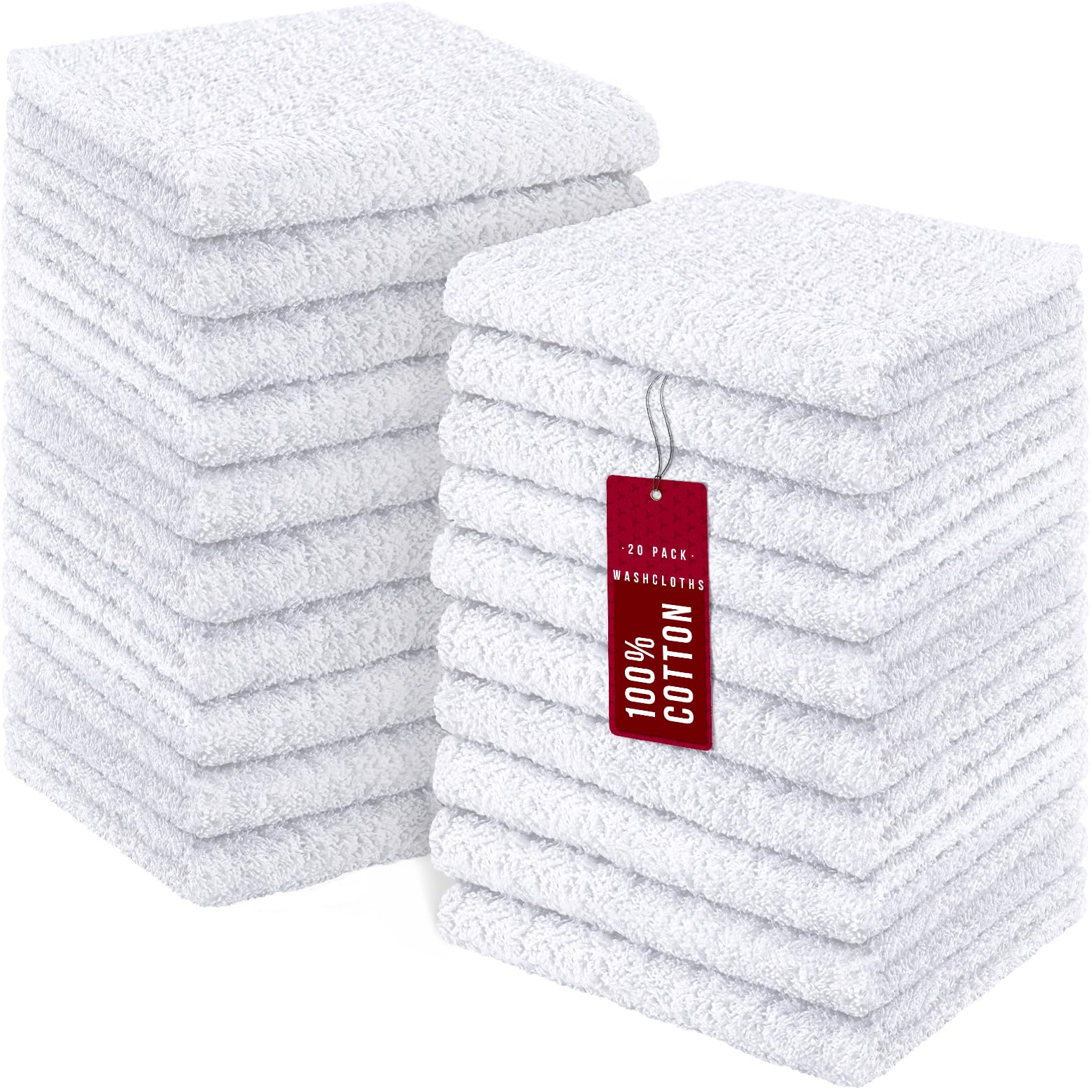 DecorRack 20 Pack 100% Cotton Wash Cloth, Luxurious Soft, 12 x 12 inch Ultra Absorbent, Machine Washable Premium Quality Washcloths, White (20 Pack)