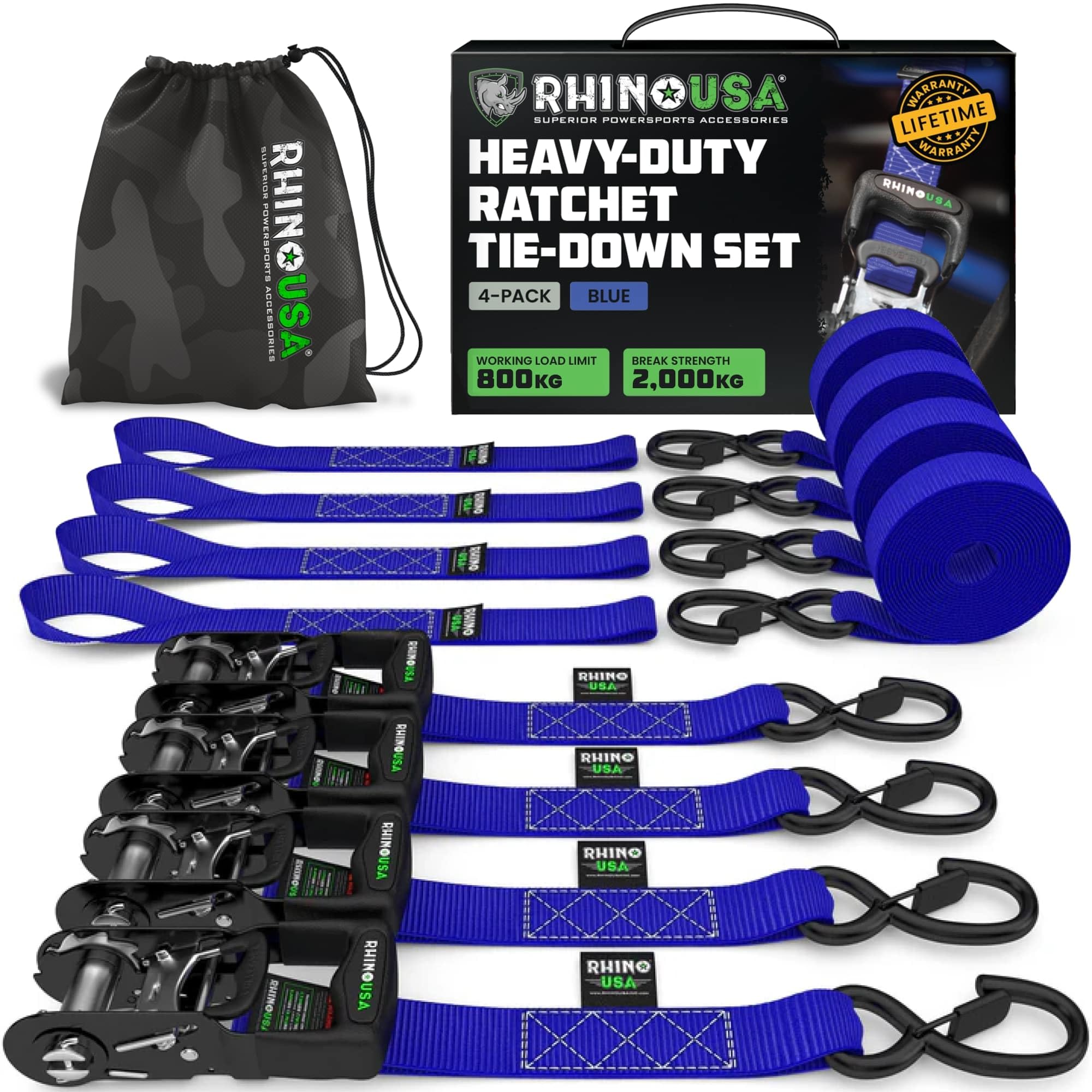 Rhino USA Ratchet Tie Down Straps (Set of 4) - 2000kg Max Break Strength, 4cm x 2.4m Heavy Duty Tie Downs with Hooks (4pcs) - Strap for Furniture Moving & Securing Cargo - Blue