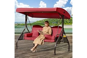 Yalissey 3 in 1 Outdoor Porch Swing with Adjustable Canopy, 3 Seat Outdoor Swing for Adults, Patio Swing Chair with Thickened Cushions,Pillows & Cup Holders for Backyard, Porch, Garden (Wine Red)