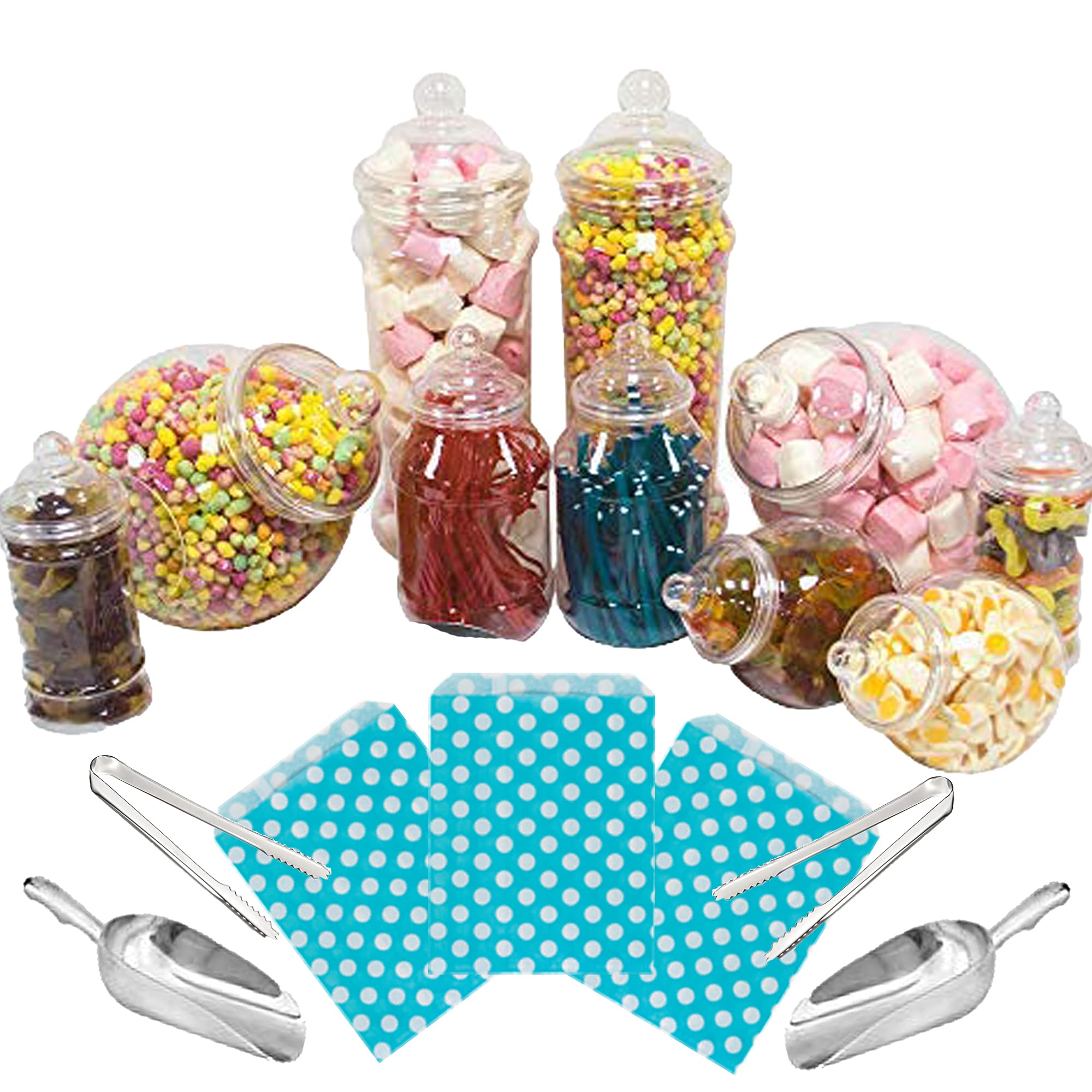10 Mixed Jar Retro Pick & Mix Victorian Sweet Shop Candy Buffet Kit Party Pack with Scoops, Tongs & Bags - Blue Polka Bags