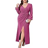 CYCLAMEN Plus Size Formal Maxi Dress Sparkly Ruched Puff Sleeve V Neck Slit Cocktail Wedding Guest Prom Evening Gown