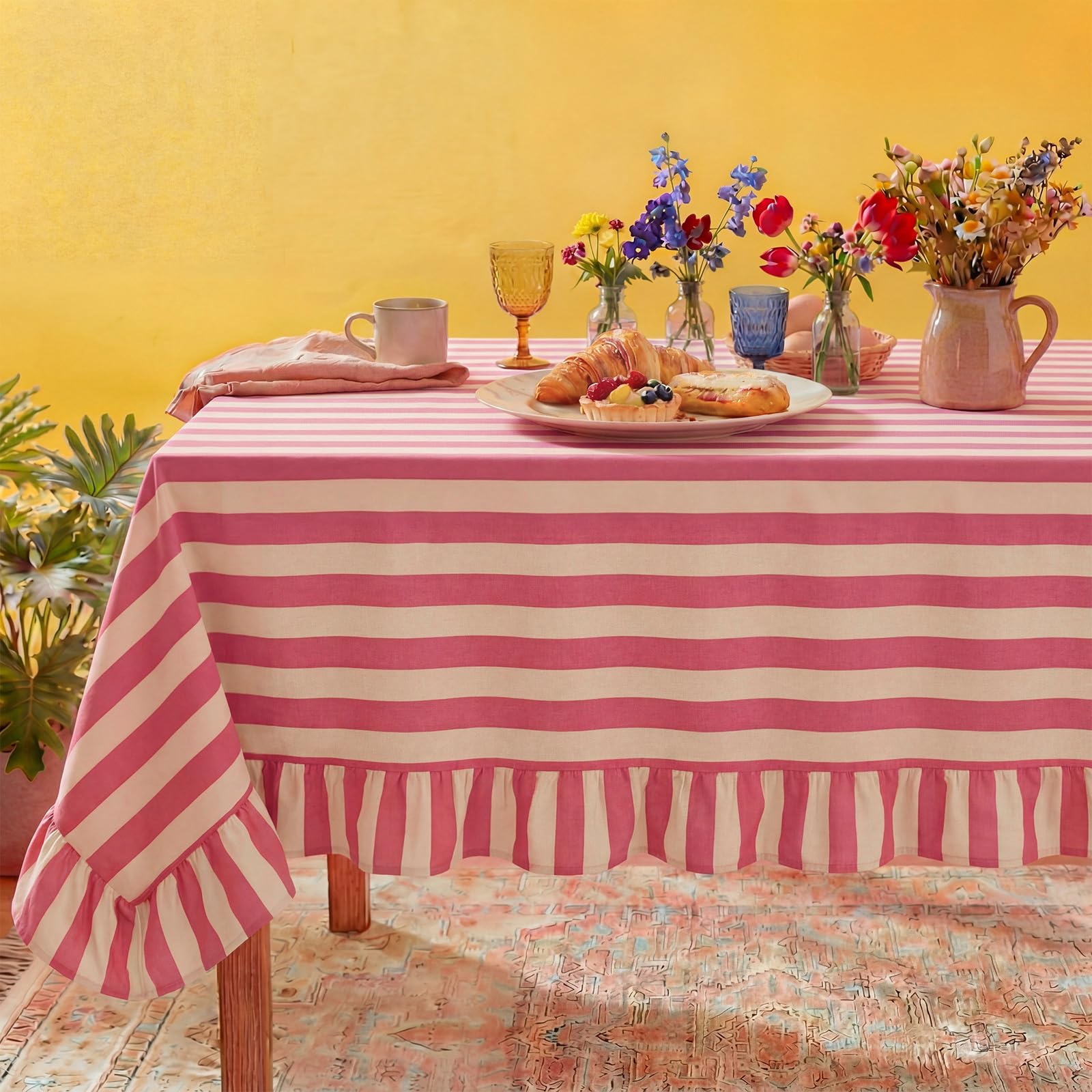 tudomro 1 pcs ruffle edge striped tablecloth, 84'' x 60'' scalloped table cover, farmhouse linen fab