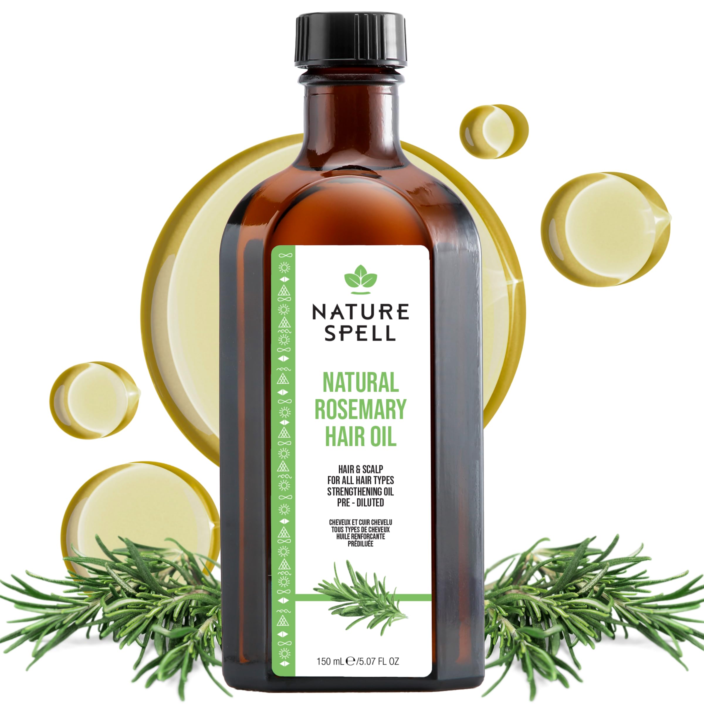 Nature Spell Rosemary Oil for Hair Growth, Pre-Diluted Scalp Oil, Stimulates Growth, Strengthens Dry and Damaged Strands, Nourishes Split Ends, Colour Safe, For All Hair Types, Vegan, 150 ml