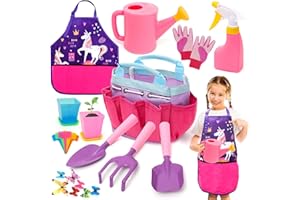 FUNCREVITY Kids Gardening Tools Set Includes Toddlers Gardening Gloves Sturdy Tote Bag Watering Can Shovel Rake Trowel Children Unicorn Apron Birthday Christmas Easter Gift for Kids Boys Girls