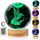 3D Hummingbird Crystal Ball Night Light with Remote Upgraded 3.15 In Hummingbird Figurine Glass Ball Lamp with 16 Color Wooden LED Base Cute Hummingbird Home Decor Gifts for Kids Teens Women