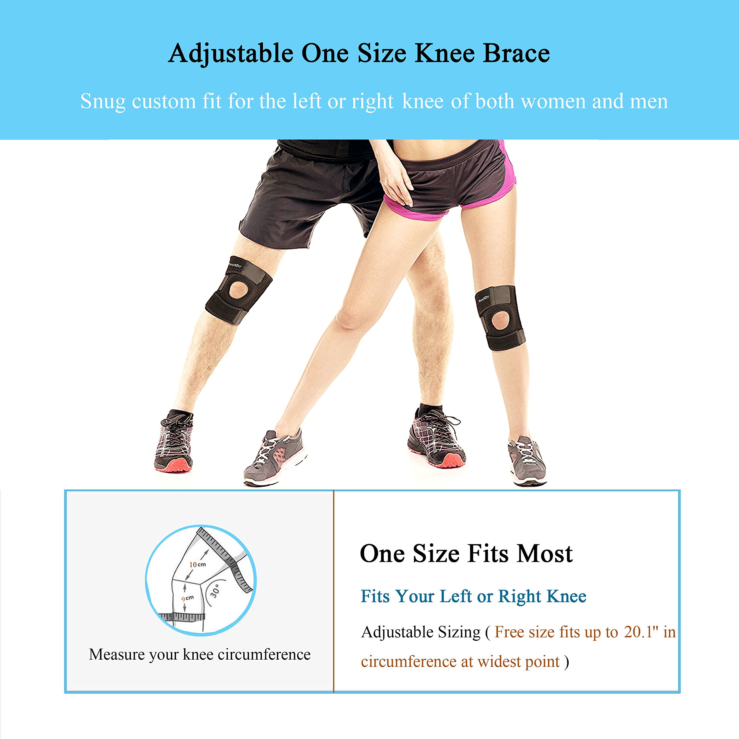 Runflory Knee Support Brace, Adjustable Open Patella Stabilizer Non-slip Neoprene Knee Support Protector w 4 Spring Stays for Compression, ACL, Meniscus Tear, Arthritis - Helps Stabilising & Recovery