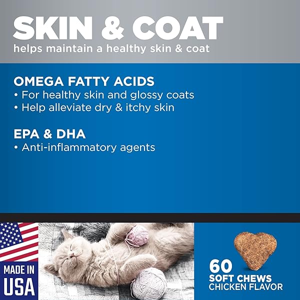 GNC PETS ULTRA SKIN & COAT SOFT CHEWS, CHICKEN FLAVOR CAT VITAMINS, ANTI SHEDDING SUPPLEMENT FOR CATS WITH DRY SKIN, TREATMENT AND DANDRUFF RELIEF, 60 COUNT