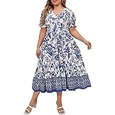 MakeMeChic Women's Plus Size Summer Floral Maxi Dresses Curvy Short Sleeve Shirred Boho Beach Wedding Long Dress