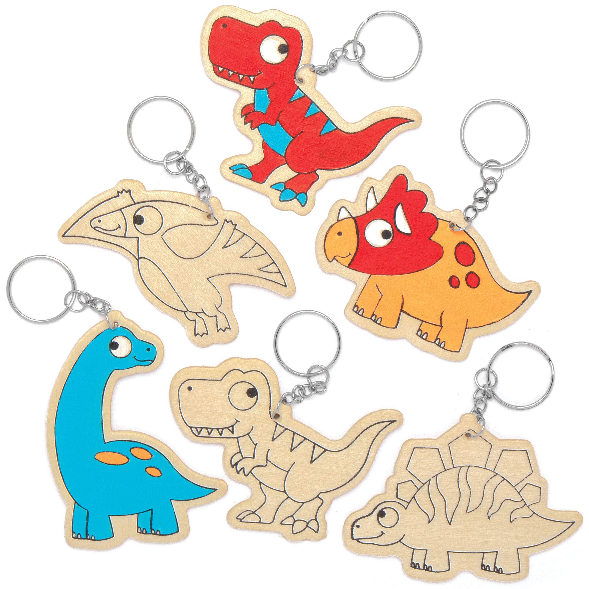 Baker Ross AT671 Dinosaur Wooden Keyrings - Pack of 10, for Kids to Make and Display in Arts and Crafts