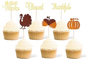 Gexolenu 24 Pcs Thanksgiving Cupcake Toppers Glitter Double-Sided Maple Leaf Thankful Turkey Acorn Pumpkin Cupcake Picks For Fall Theme Give Thanks Cake Decorations Kids Birthday Party Supplies