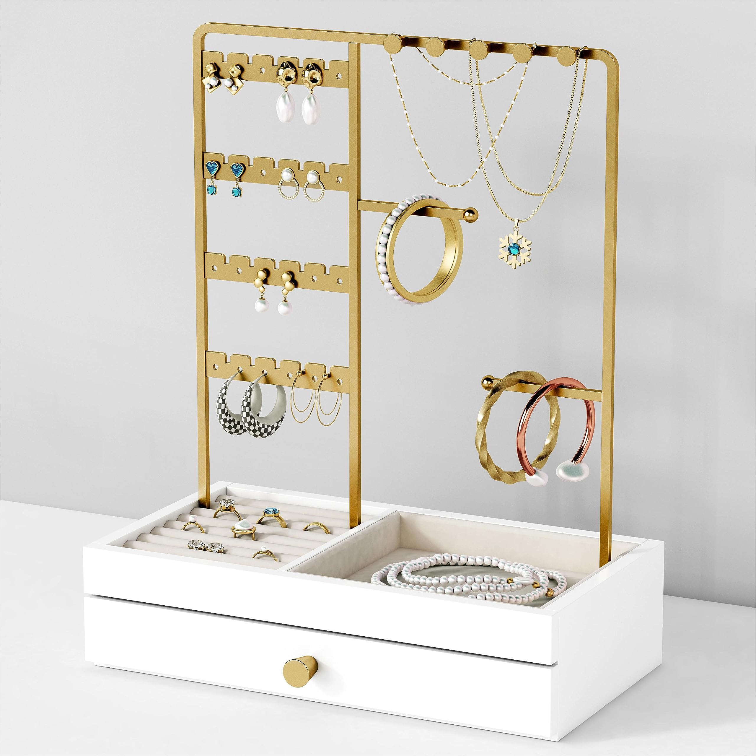 Goozii Gold Jewelry Stand Organizer Necklace Holder, Birthday Gifts for Women Girls, Small Jewelry Stand for Earrings Rings Bracelets, Velvet Jewelry Hanger Tree, Mothers Day Gifts - White and Gold