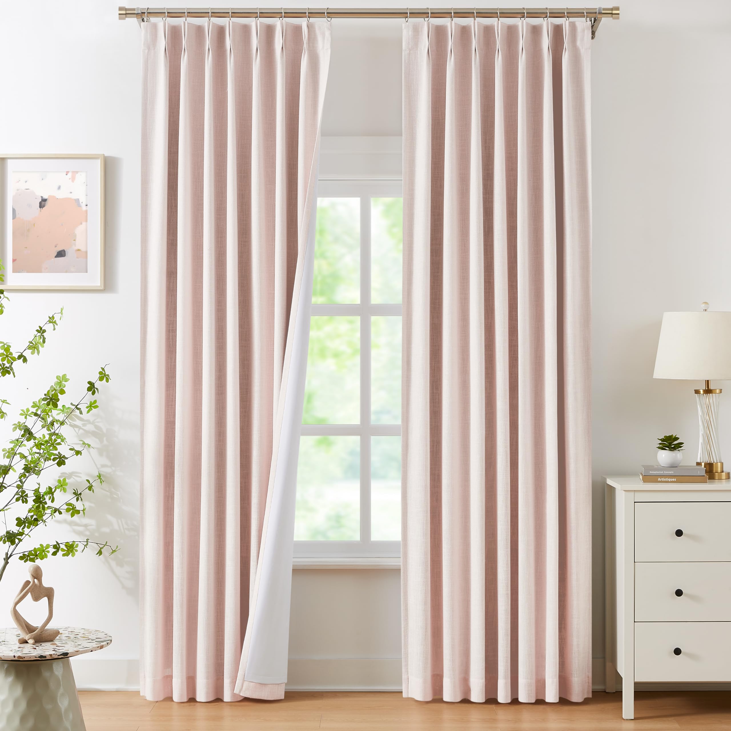 Photo 1 of WEST LAKE Bailey Pinch Pleat Full Blackout Curtains 90 Inches Long,Pink Linen Textured 100 Room Darkening Drapes with Back Tabs for Lovely Girls Room Bedroom,Rustic Window Treatment,40" Wx90 Lx2