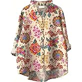 Nupucy Women's Boho Floral Printed Button Up Shirt V Neck Long Sleeve Baggy Tops Casual Plus Size Vacation Shirts