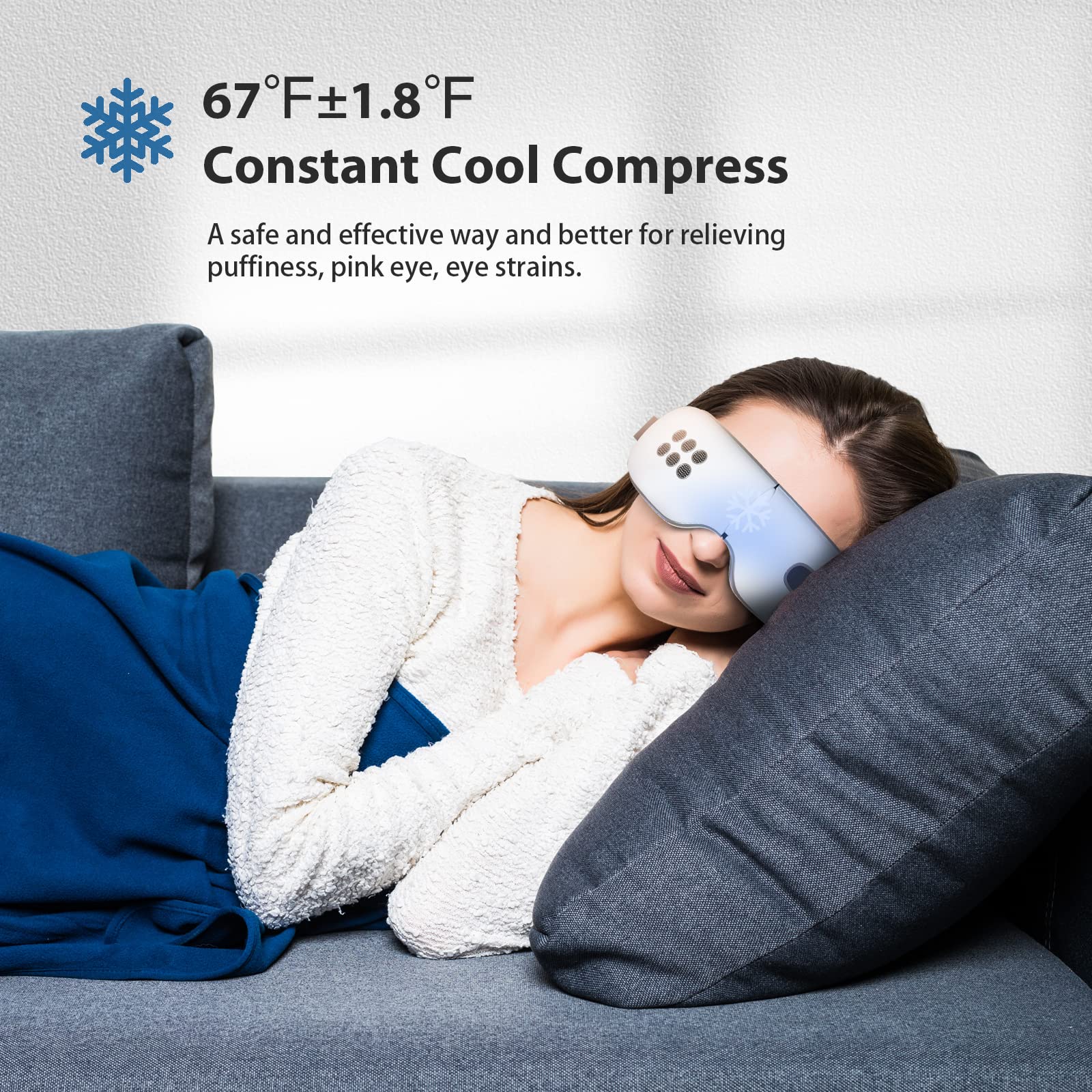 fmlave Eye Massager with Heat and Cooling for Migraines, Dry Eyes, Dark Circles, Rechargeable Bluetooth Music Cold Heated Eye Massager Improve Sleeping - Gifts for Women and Men (White)