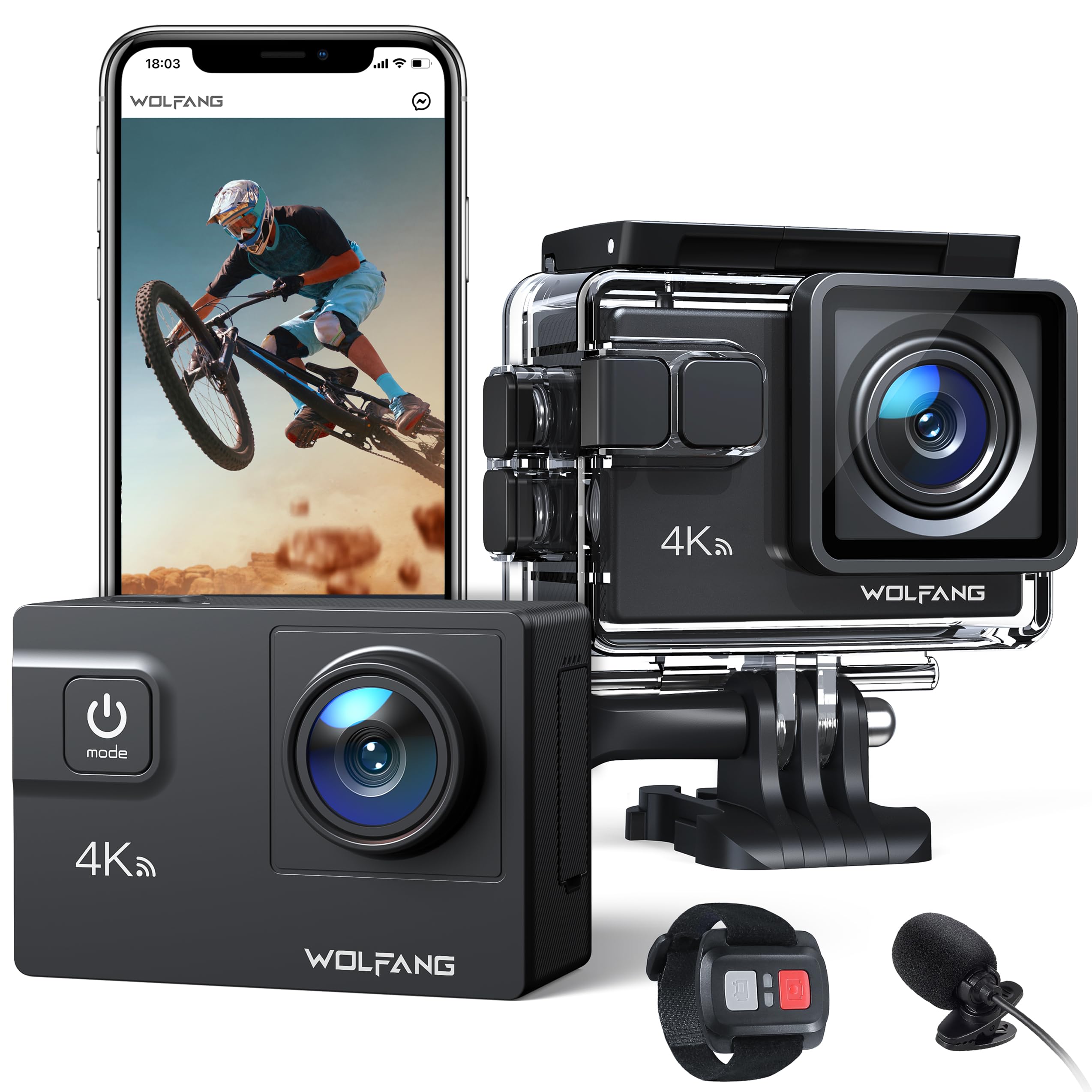 WOLFANG Action Camera 4K 60FPS 24MP GA300, WiFi 8X Zoom EIS Vlogging Camera, 40M Waterproof Underwater Camera for Snorkeling, External Mic, Remote Control and Helmet Accessories Kit for Cycling
