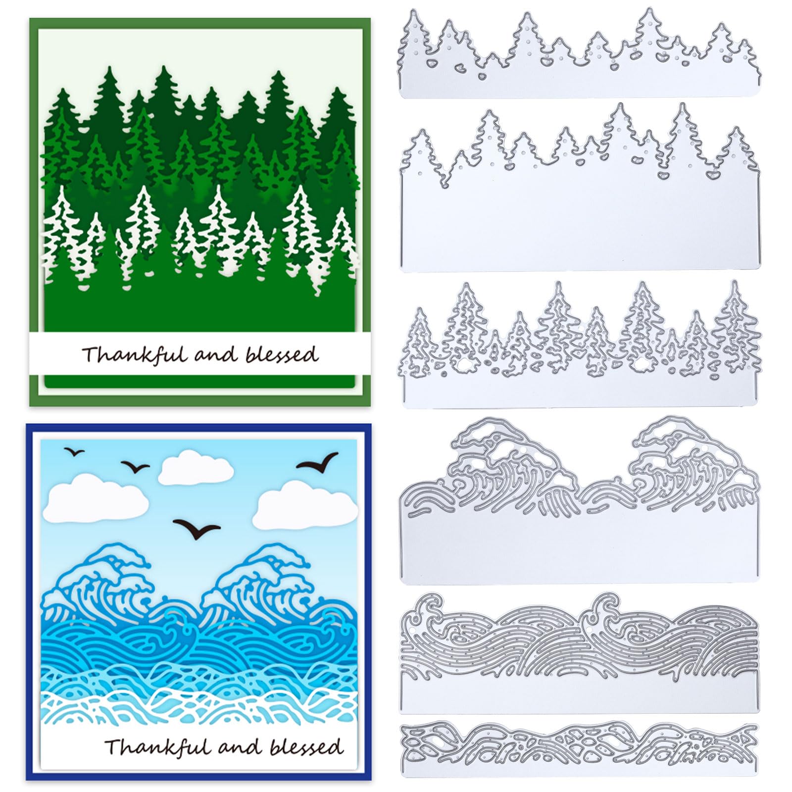 ORIGACH 3 Pcs Forest and Ocean Wave Metal Cutting Dies 3D Background Die Cut Embossing Stencils Template for DIY Scrapbooking Paper Card Making