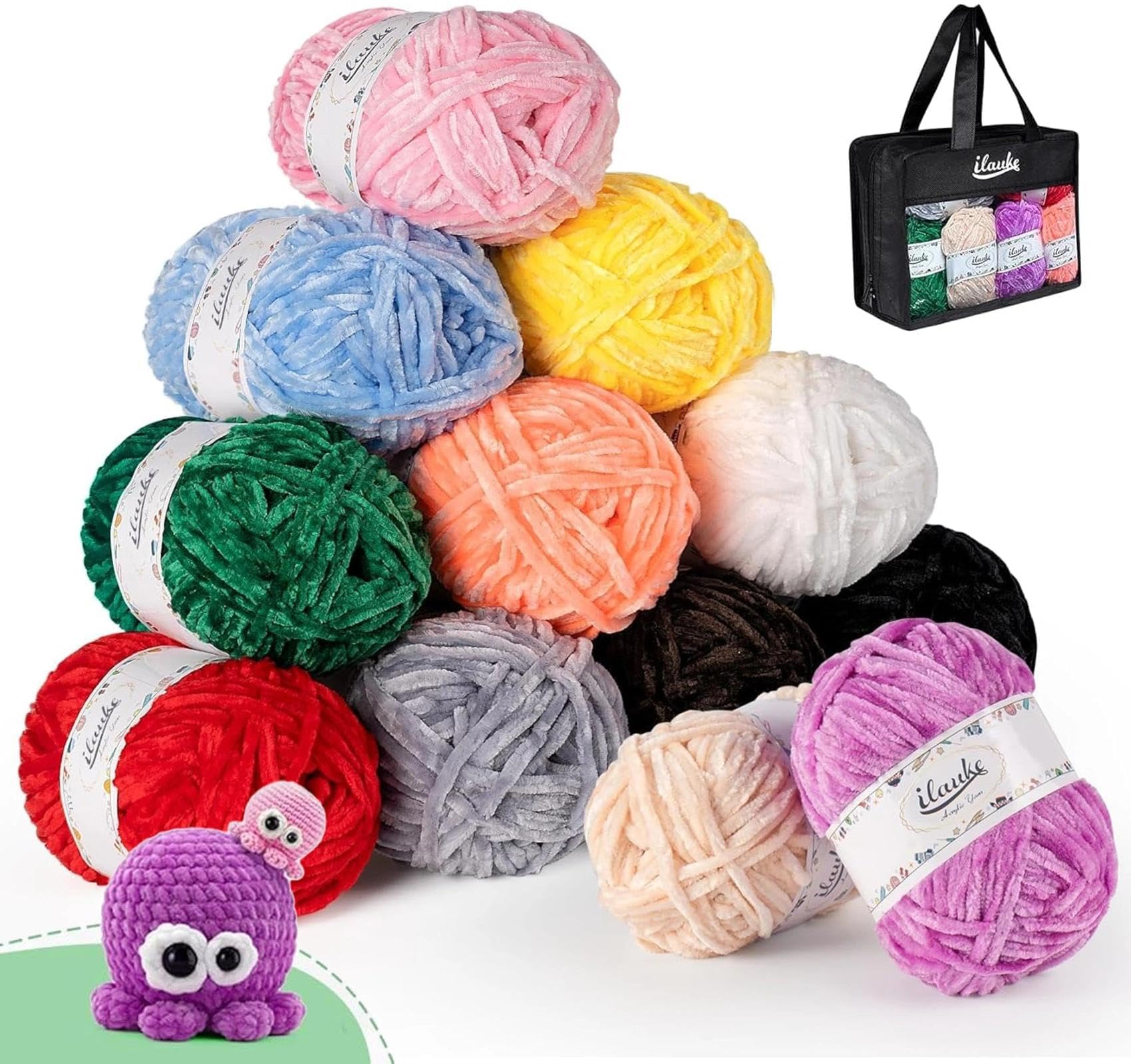 ilauke 600g(12x50g) Fluffy Chenille Yarn, Thick Crochet Yarn with Needles Crochet Accessories& Handbag, Colorful Knitting Chunky Wool for Velvet Amigurumi, Blankets, Bags, Scarves, DIY Crafts