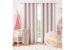 Jubilantex Pink and Gold Butterfly Blackout Curtains 95" Length for Baby Girls Nursery Bedroom 80% Blackout Grommet Window Treatment,1 Pair Lavender Pink/Baby Pink