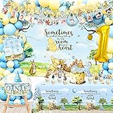 cocomigo 107pcs Classic Bear Birthday Decorations Complete Party Set, for Classic Bear Boy 1st Birthday Party, includes Photo Frame Banner, Balloon Chain Kit, Cake Toppers Kit, Table cloth, etc