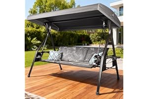 ZZW 3 Person Patio Swing Outdoor Swing for Adults with Adjustable Canopy &Upgraded Cup Holders Textilene Fabric Porch Swing Chair with Stand Heavy Duty 800 LBS