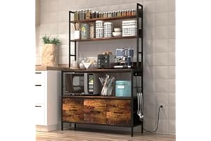 NAIYUFA Kitchen Bakers Rack with Power Outlet,5-Tier Free Standing Storage Shelf Bakers Rack with Baskets,Industrial Microwave Oven Stand,Metal Kitchen Rack Organizer with Hooks