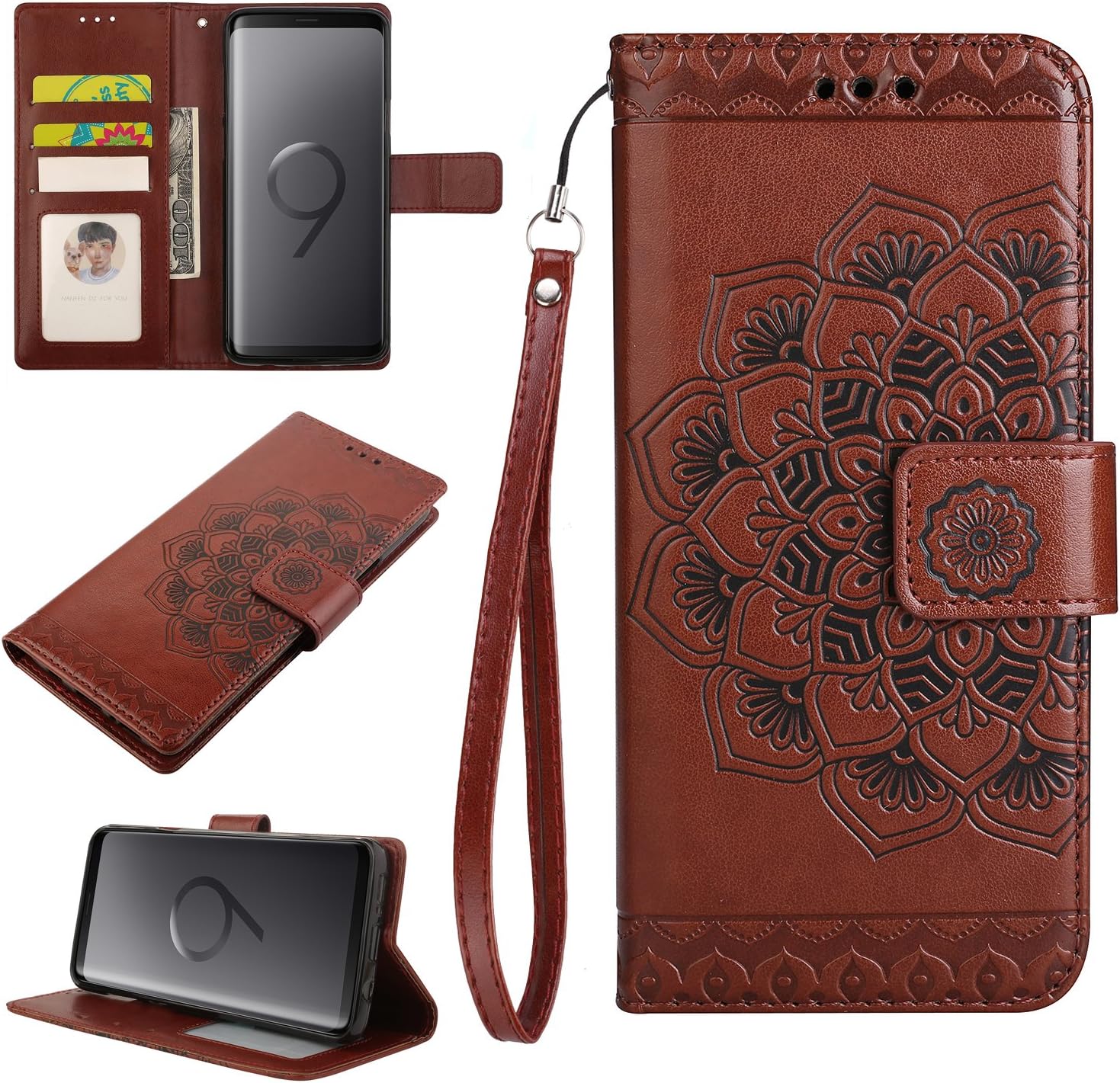 Samsung Galaxy S9 Case, Galaxy S9 Wallet Case, Crosspace PU Leather Magnetic Buckle Book Stand Protective Emboss Flowers Cover with Card Slots and Detachable Wrist Lanyard for Samsung S9-Brown