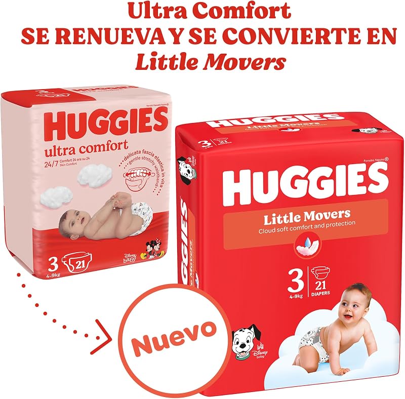 Little Movers Pañales para Bebé con Diseños Disney Talla 3 (4-9 kg), Comodidad para la Piel 24/7, 3 Packs de 56, Total 168 Pañales