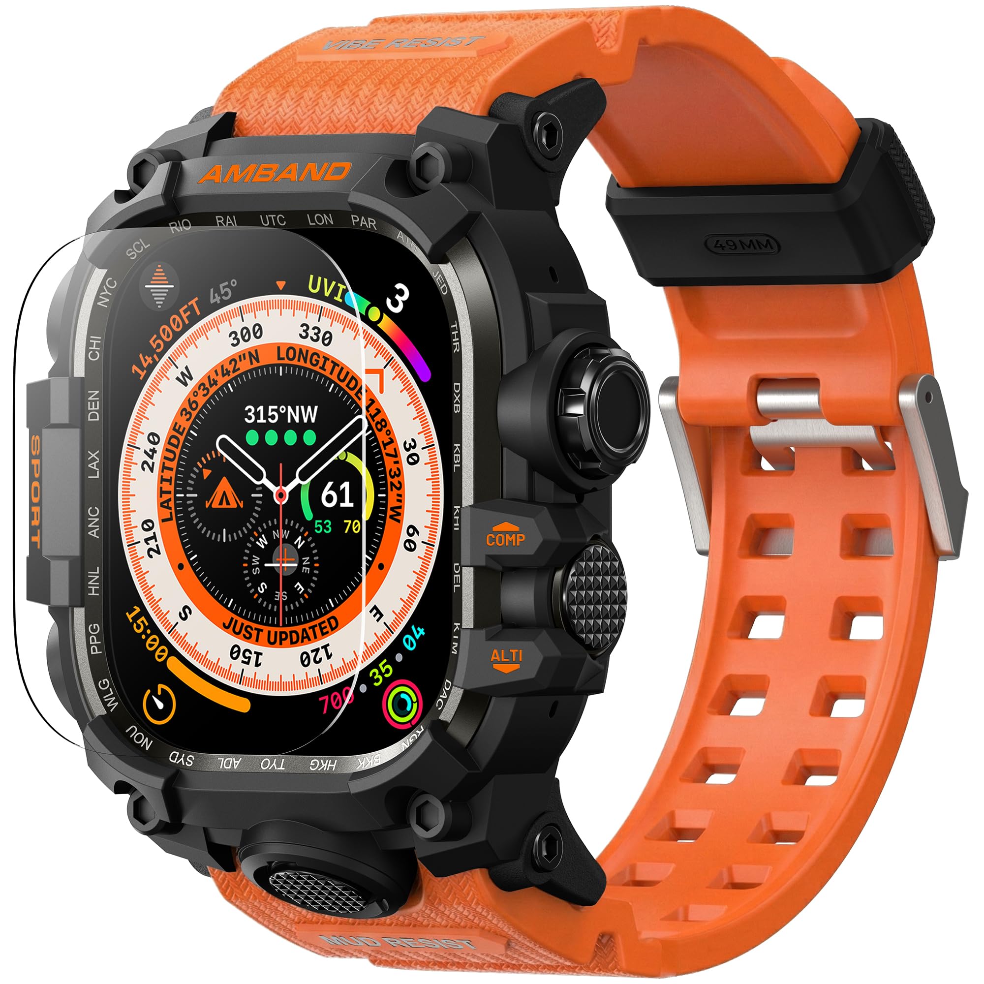 Photo 1 of amBand Rugged Case with Band for Apple Watch Ultra 3/2/1 49mm, M3 Military Grade Shockproof Cover, Includes Screen Protector Kit, Tactical Band for Men - Compatible with iWatch Ultra, Orange
