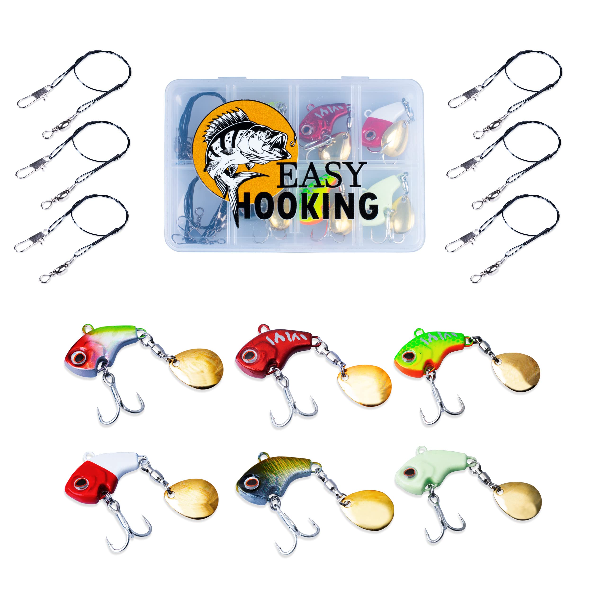 EasyHooking Jig Spinner Set 13 Pieces - 6 Spin Jigs + 6 Steel Leaders with Snap + Storage Box - Ideal for Predatory Fish Bass Pike Zander Fishing Spinner Bait Lead Head Spinner Chatterbait (7 g)