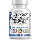 Brain Supplement Alpha GPC 300mg Phosphatidylserine Bacopa Monnieri Ginkgo Biloba Lions Mane Huperzine A L-Theanine NAC Nootropic Memory Focus Cognitive Support Vitamins B C D E 60 Capsules USA