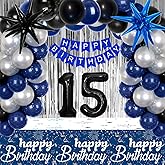 15th Birthday Decorations for Boys and Girls, 15th Birthday Party Decorations Blue and Silver, 15 HAPPY BIRTHDAY Banner Black Number Balloons Garland 15 Years Old Bday Party Supplies with Tablecloth