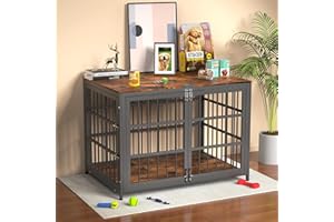 IRONOVACAGE Heave Duty Dog Crate Furniture, Various Sizes & Colors Optional, Indestructible Cage for High Anxiety Dogs with Wooden Table for Indoor Decorative, Escape-Proof Locks & Double Door for Large XL Dogs