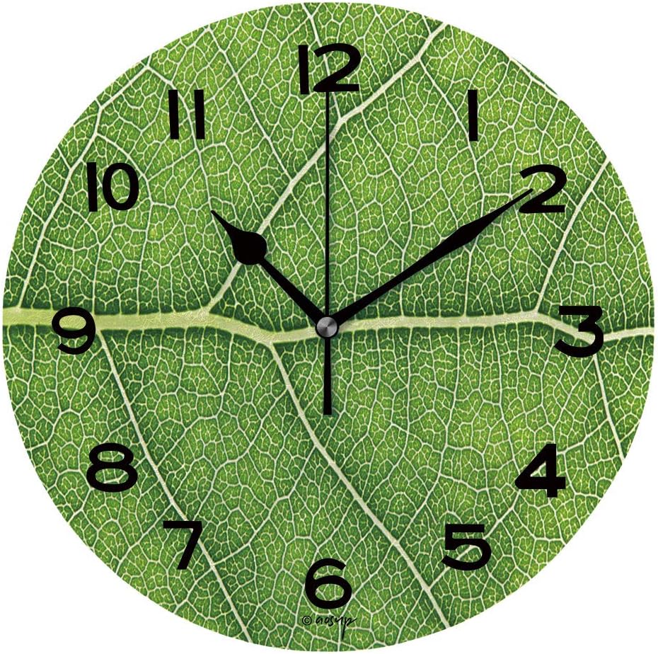 ALUONI 10 inch Round Clock Green Leaf Unique Wall Clockfor