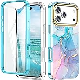 Turquiase Cute Marble Case for iPhone 17 Pro Max 6.9 inch Built with Screen Protector, Lightweight and Stylish Full Body Shockproof Protective Rugged TPU Case for Women/Girls-Blue Marble
