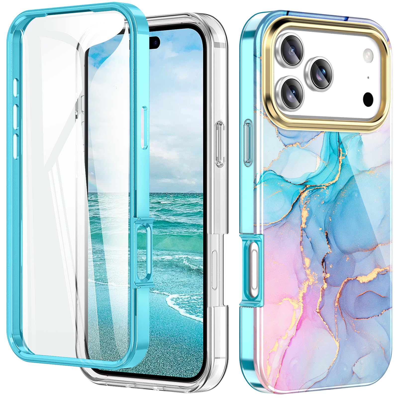 Turquiase Cute Marble Case for iPhone 17 Pro 6.3 inch Built with Screen Protector, Lightweight and Stylish Full Body Shockproof Protective Rugged TPU Case for Women/Girls-Blue Marble